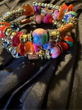 Colorful Floral Beaded Coil Memory Wire Bracelet